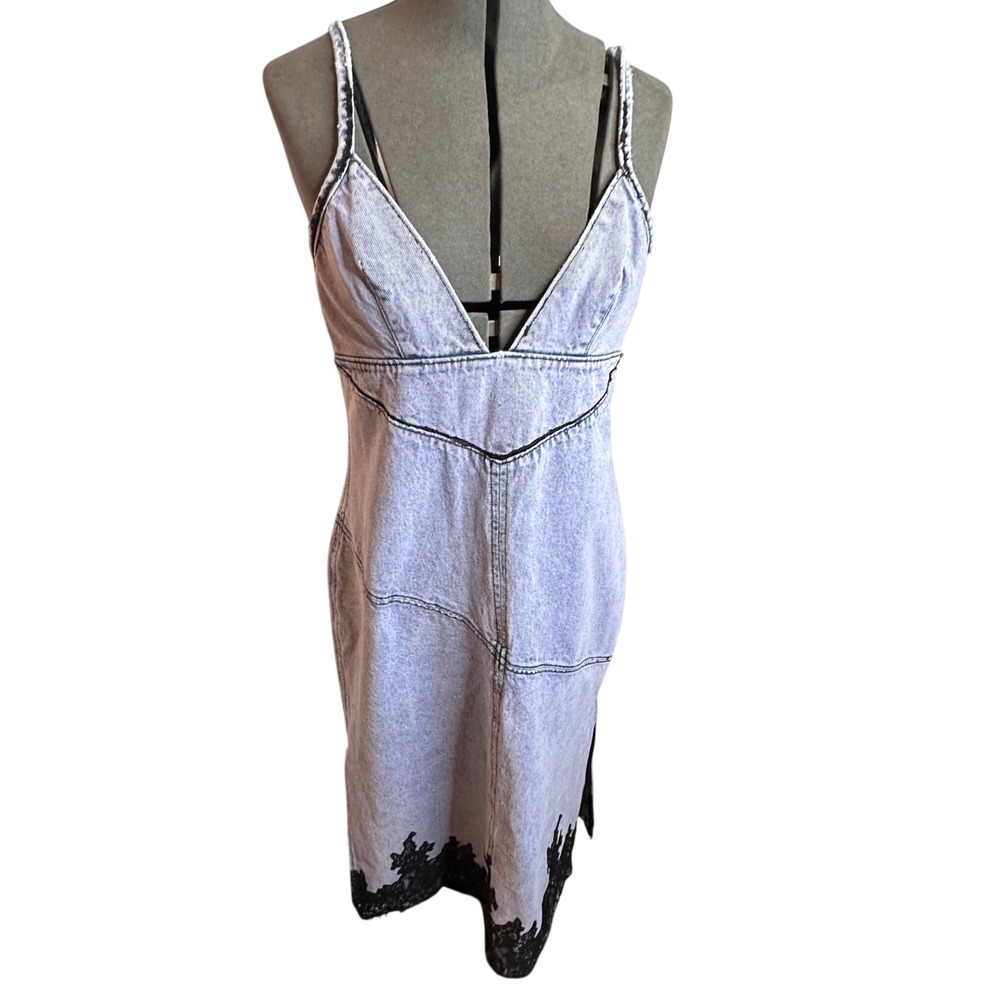 3.1 PHILLIP LIM Acid Wash Denim Lace Trim Midi Dress Blue Black Size 8